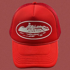 Corteiz Bold White Oval Ship Logo Trucker Hat - Red