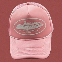 Corteiz Bold White Oval Ship Logo Trucker Hat - Pink