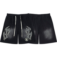 Hellstar Records Flame Print Acid Wash Loose Sweat Shorts