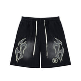 Hellstar Records Flame Print Acid Wash Loose Sweat Shorts