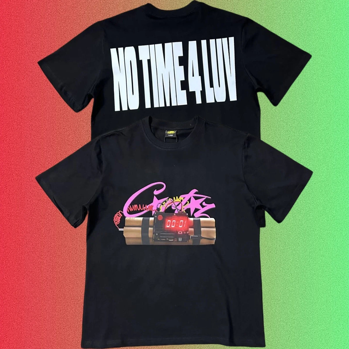 Corteiz "No Time 4 Luv" & Dynamite Bomb Graphic Black T-Shirt (Front & Back Print)