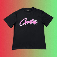 Corteiz Pink Cursive Star Script Logo Graphic Black T-Shirt
