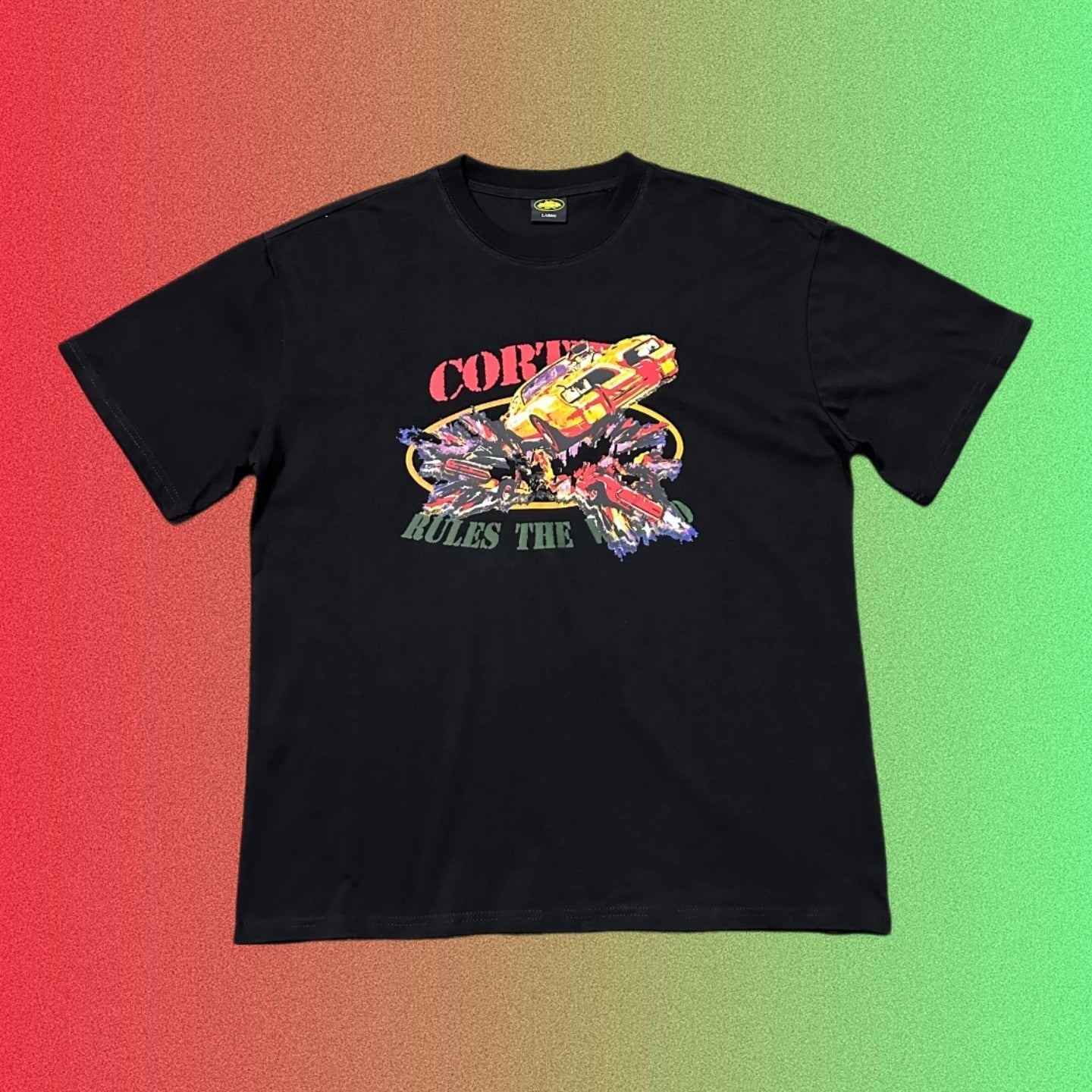 Corteiz Racing Car Crash "Rules The World" Graphic Black T-Shirt