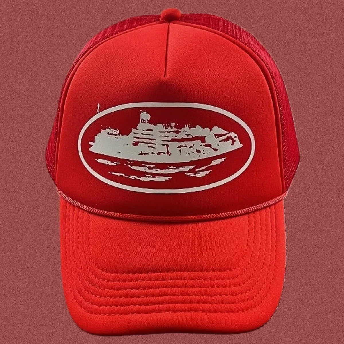 Corteiz Bold White Oval Ship Logo Trucker Hat - Red