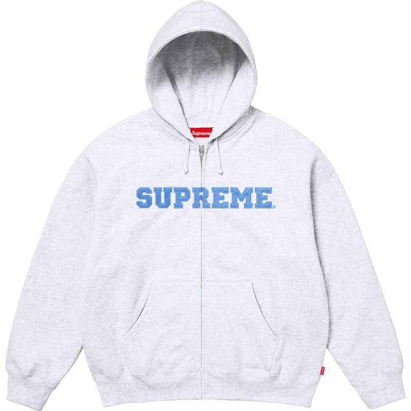 Supreme Collegiate Logo Zip-Up Hooded Sweatshirt - Heather Grey / Light Blue