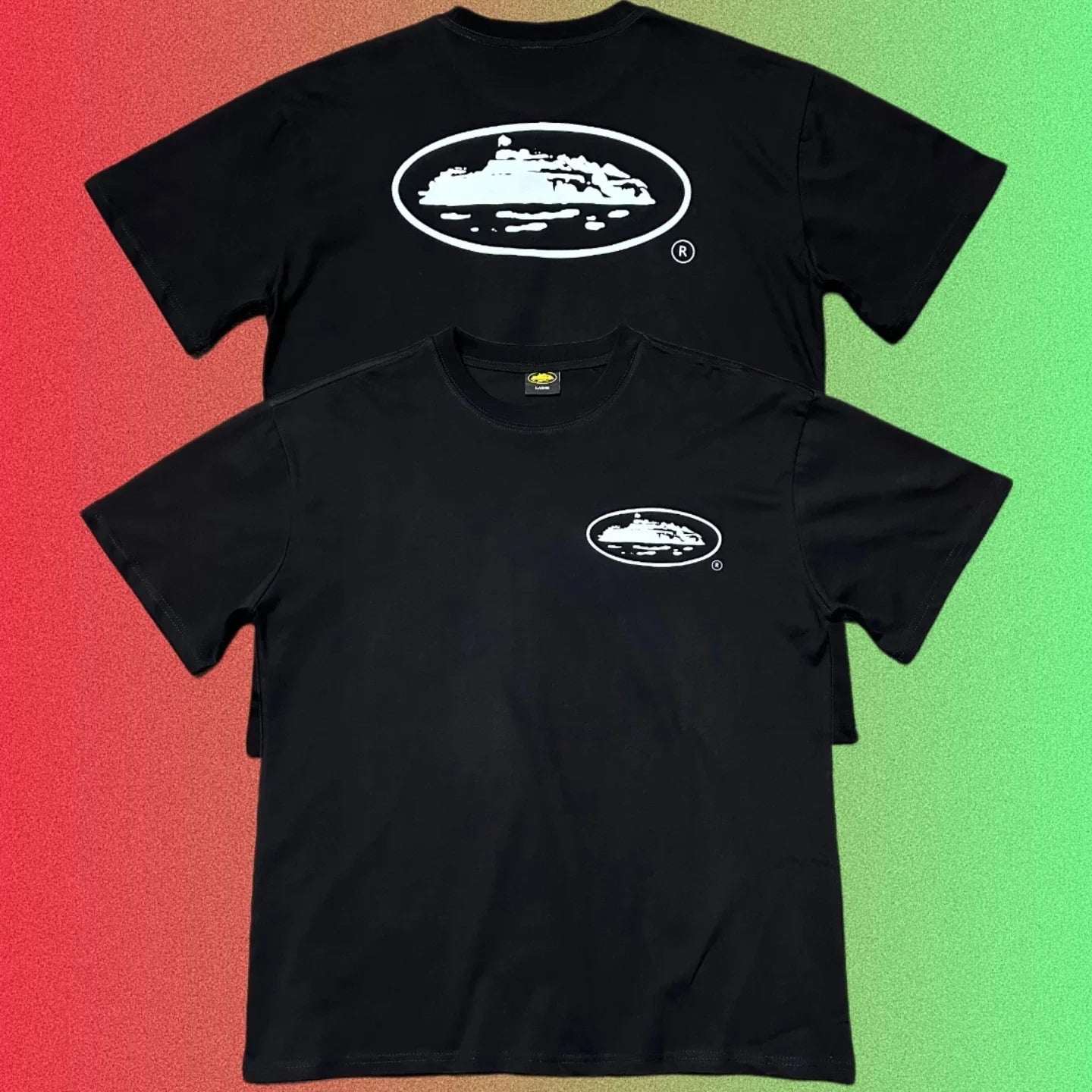 Corteiz Classic Oval Ship Logo Small Front & Large Back Print Black T-Shirt