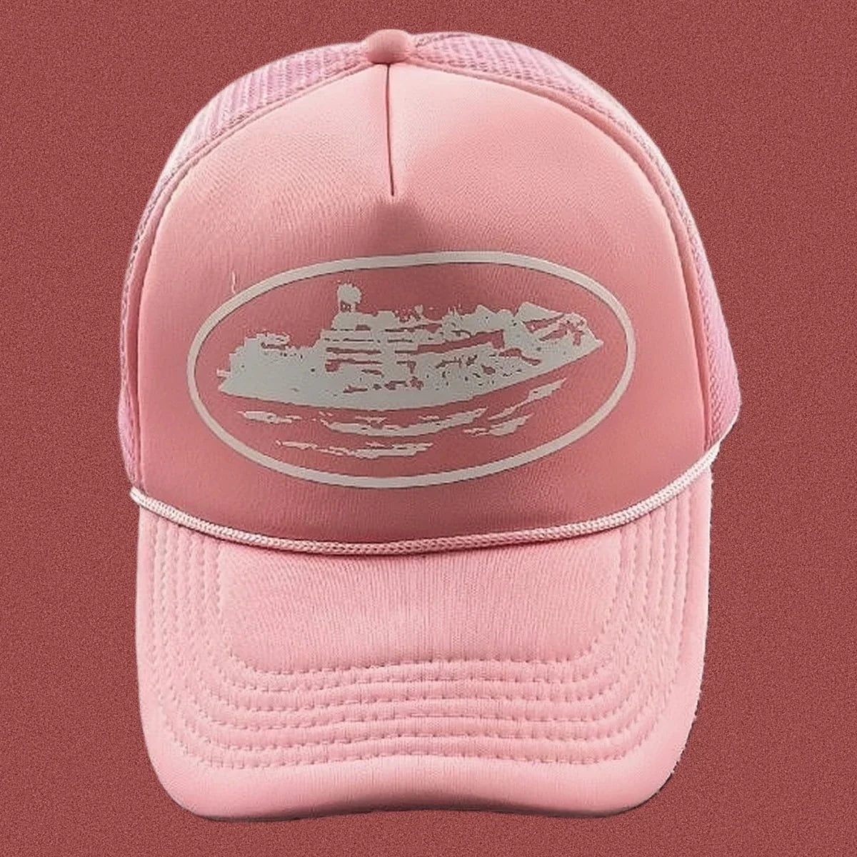 Corteiz Bold White Oval Ship Logo Trucker Hat - Pink
