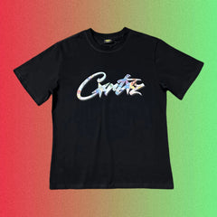 Corteiz Pink Cursive Star Script Logo Graphic Black T-Shirt