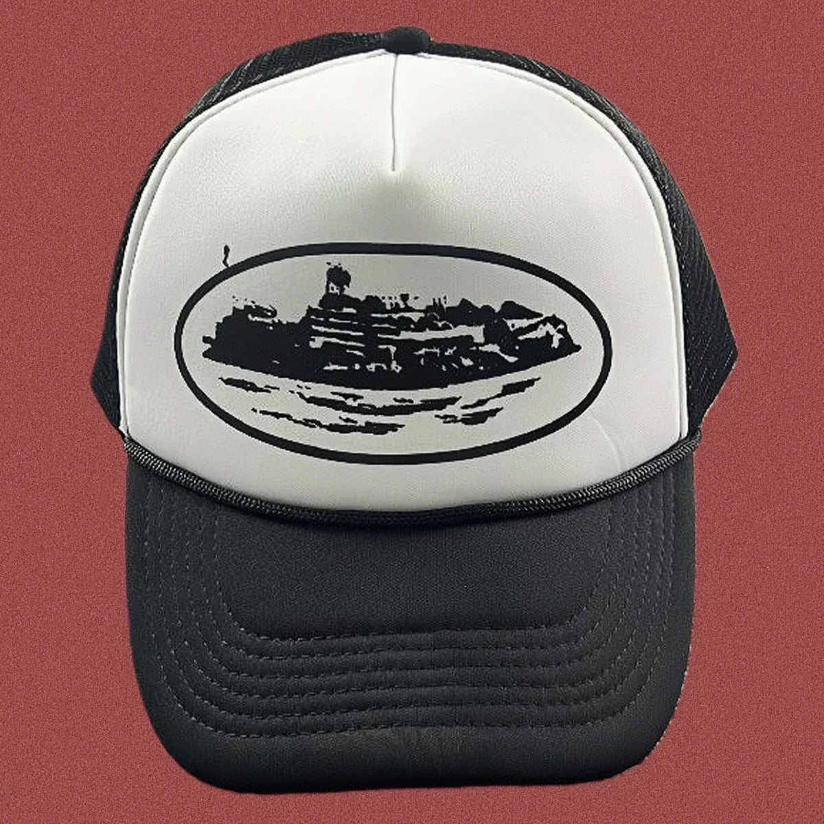 Corteiz Bold Black Oval Ship Logo Trucker Hat - White