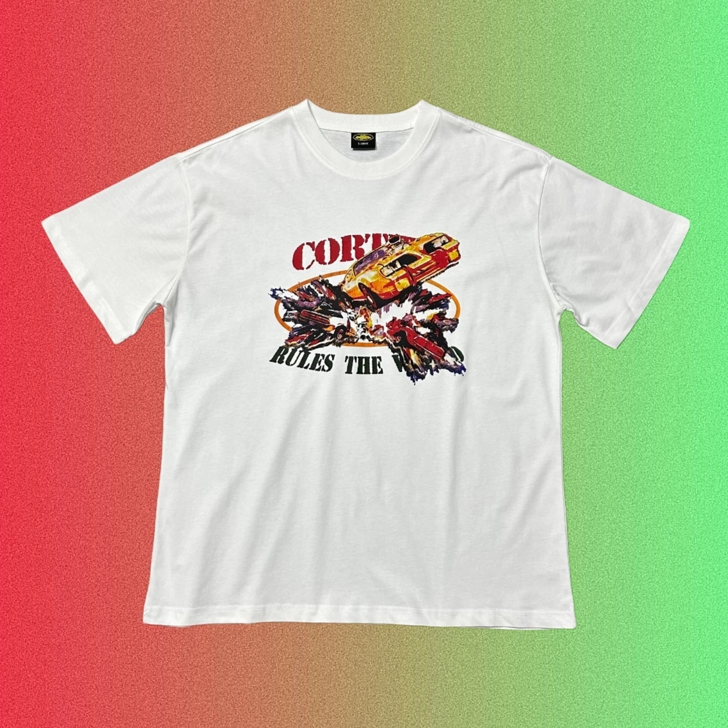 Corteiz Racing Car Crash "Rules The World" Graphic Black T-Shirt