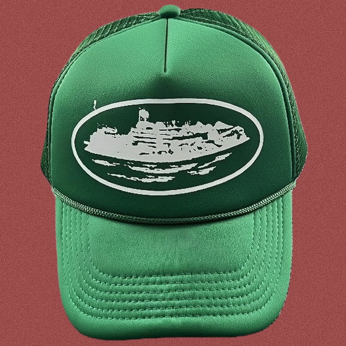 Corteiz Bold White Oval Ship Logo Trucker Hat - Green