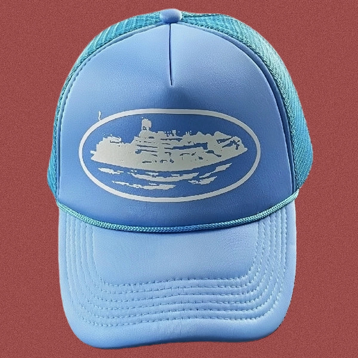 Corteiz Bold White Oval Ship Logo Trucker Hat - Light Blue