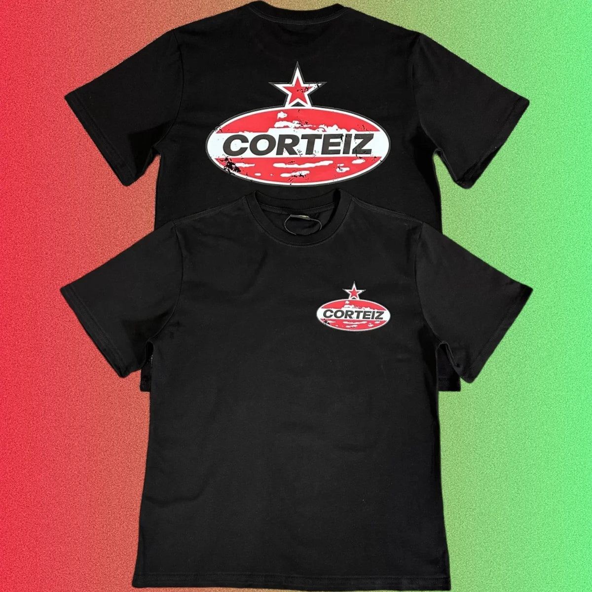 Corteiz Red Star Oval Logo Graphic Black T-Shirt (Front & Back Print)