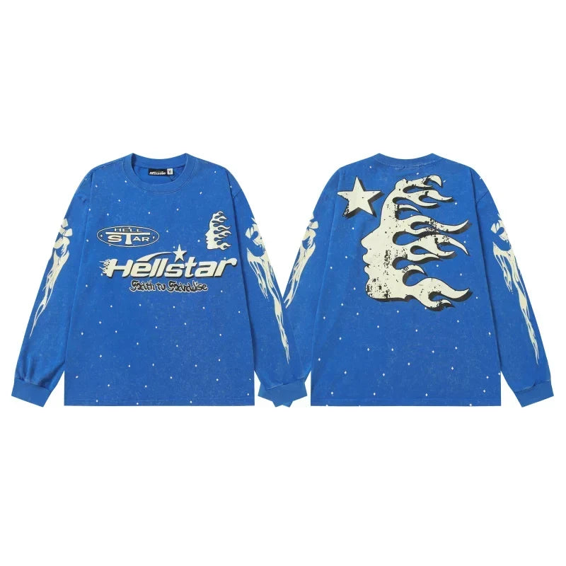 Hellstar Starry Flame Graphic Long Sleeve Tee - Blue
