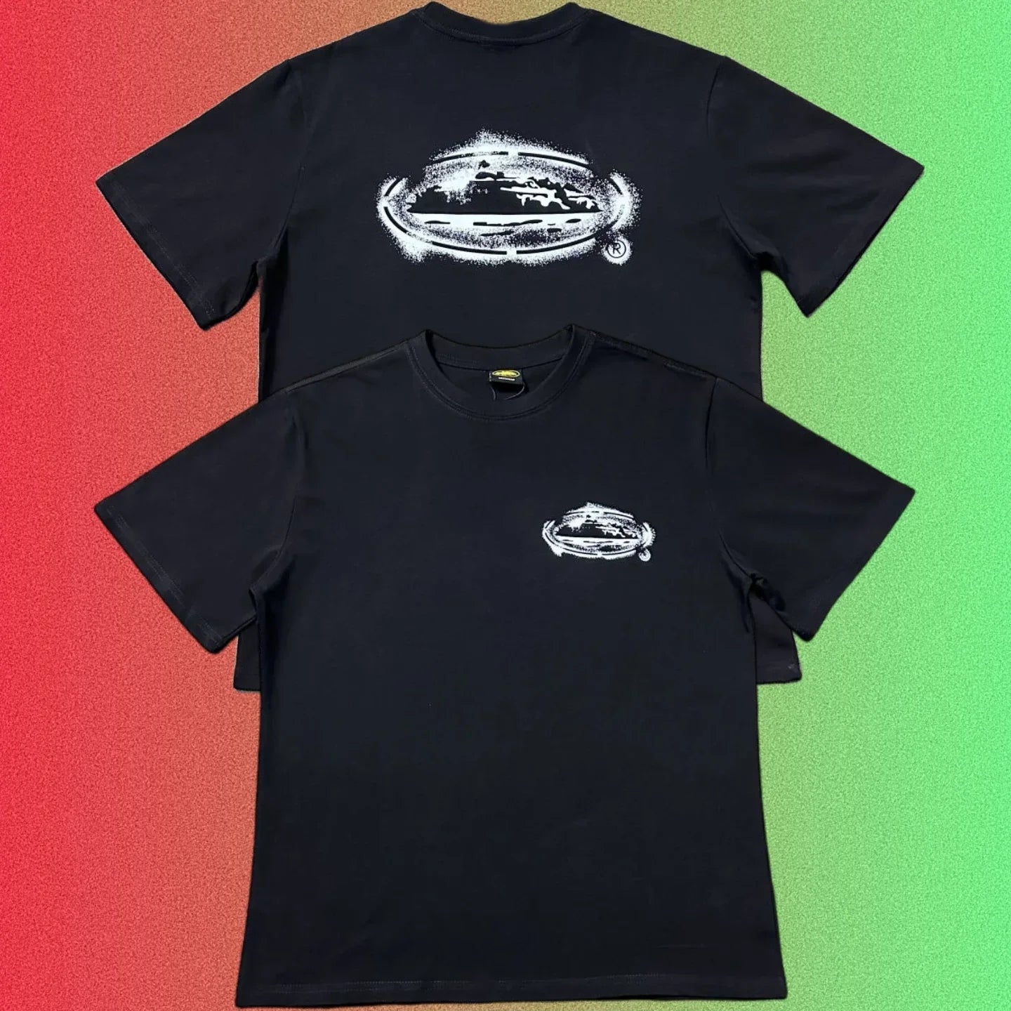 Corteiz Distressed Brush Island Logo Graphic Black T-Shirt (Front & Back Print)