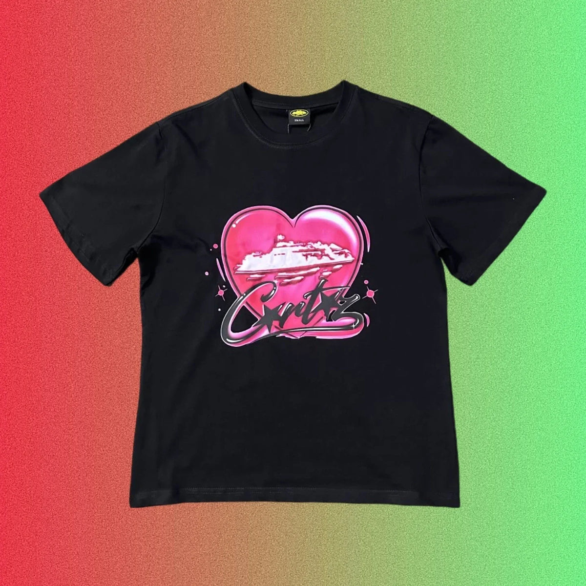 Corteiz Pink Heart Ship Logo Graphic Black T-Shirt