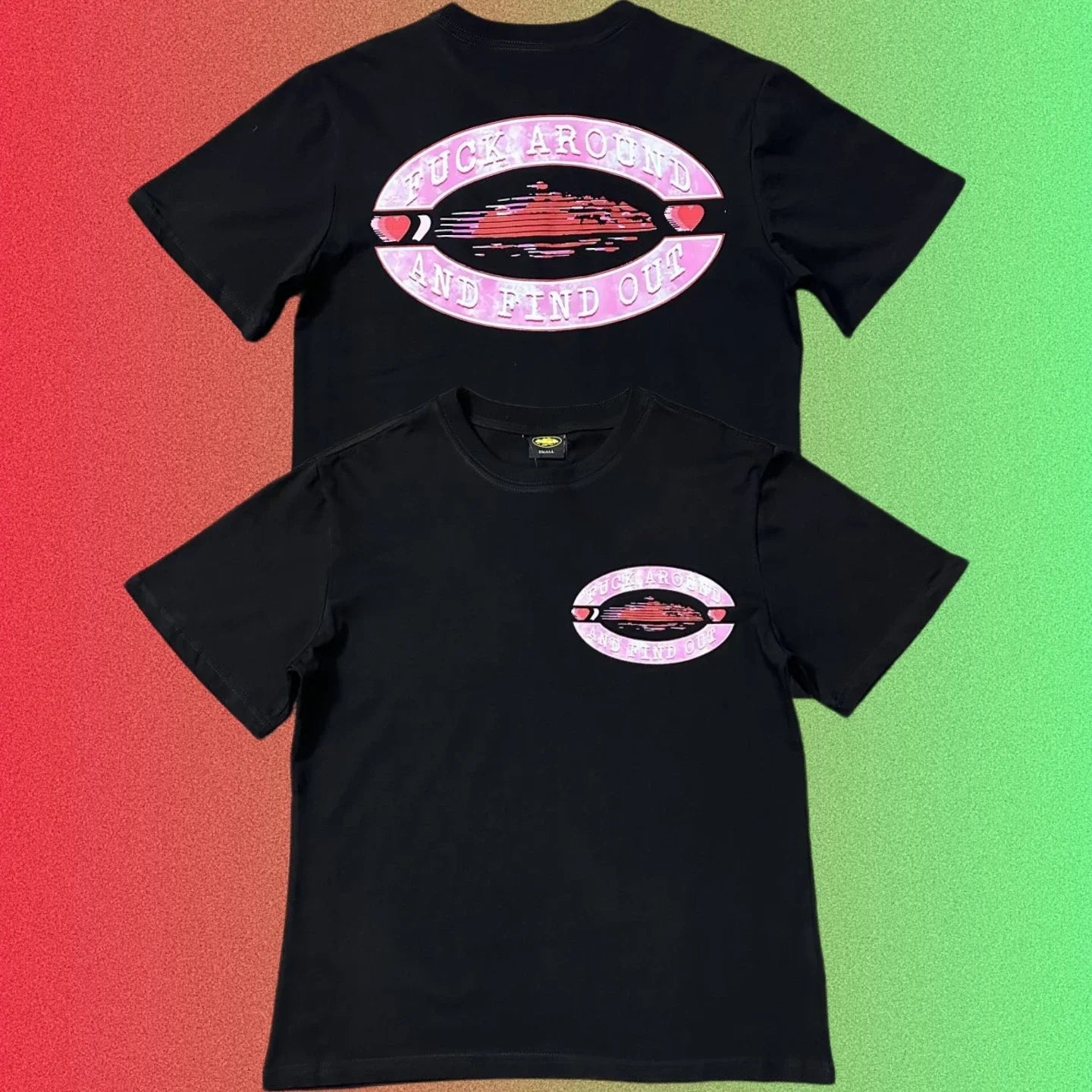 Corteiz "Fuck Around And Find Out" Pink Oval Ship Logo Graphic Black T-Shirt (Front & Back Print)