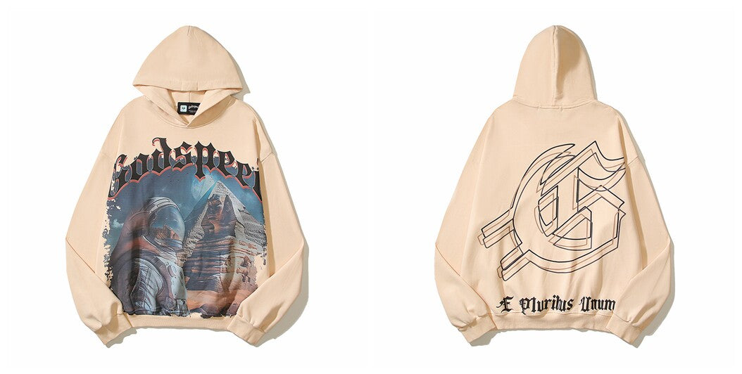 Vintage "Godspeed" Astronaut Pyramid Oversized Beige Hoodie